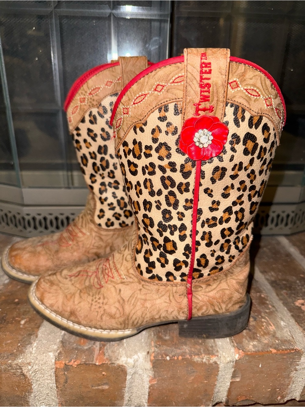 Twister Kids Leopard Print Tan Cowboy Boots with Red Accents